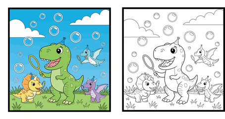 Happy Cartoon Dinosaurs Party with Bubbles Illustration Coloring Page © Sumon555