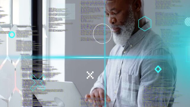Developer placing laptop and typing at window, activating cyan HUD and debugging code