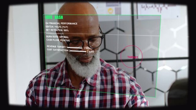 Shot revealing man monitoring finance HUD, typing laptop and checking watch, HUD tracking hands