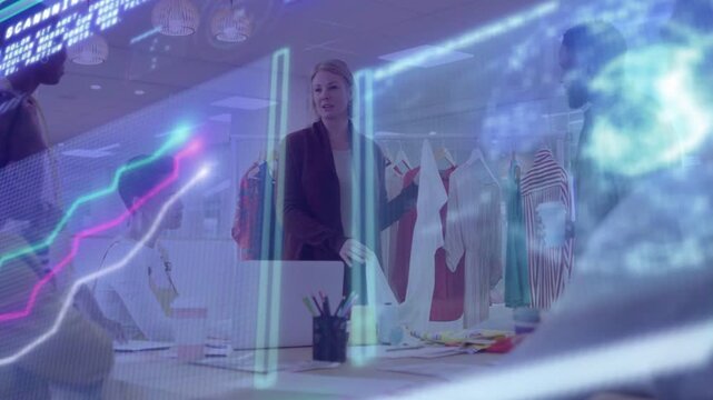 Host presenting white garment to team in fashion review, blue hologram data overlay showing details