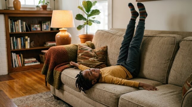 Young boy relaxing on a couch with his legs up in the air