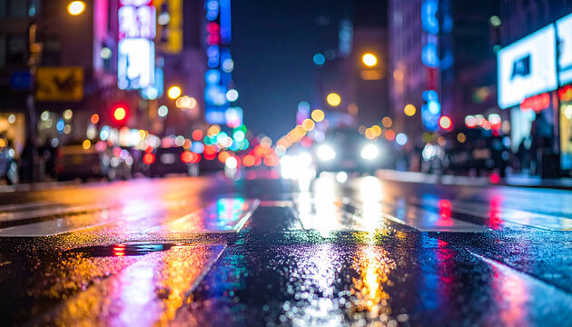 Heavy blurry city street at night, abstract bokeh lights from cars and buildings, wet asphalt, pedestrian crosswalk, urban abstraction
