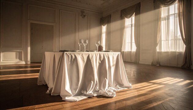 Elegant banquet table setup with linen drapes and natural lighting in historic venue