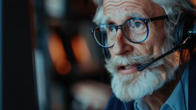 An elderly gentleman wearing eyeglasses and headphones engaged in conversation.
