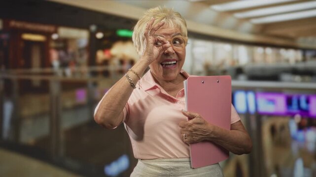 Senior woman holding a pink clipboard, smiling and making an ok gesture with her hand to her eye, wearing glasses and a polo shirt in a building; playful joy.