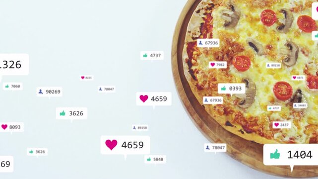 Reaction badges appearing left, drifting toward pizza on board, growing food marketing engagement