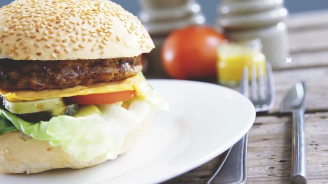 Burger as cyan marker appearing, expanding into blades over burger, leaving sparkles for marketing