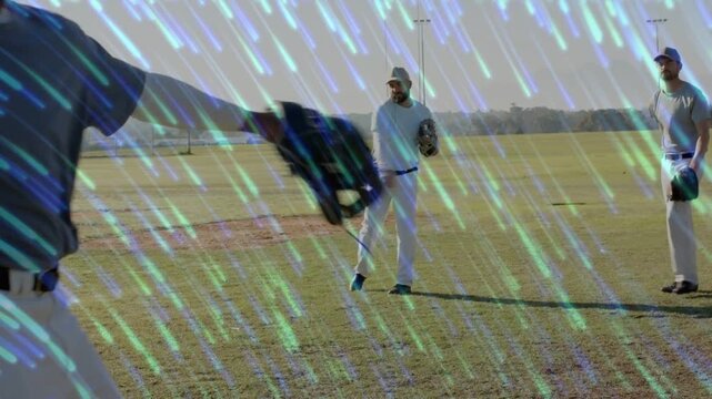 Center player stepping, throwing to front mitt while diagonal streaks accenting baseball practice