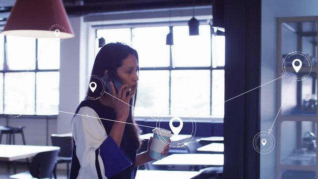 Businesswoman studying phone, starting animated pins while calling and walking with cup, routing