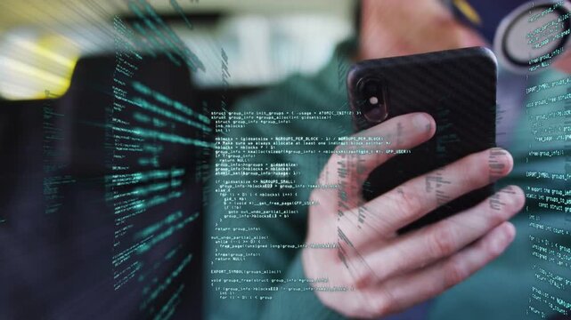 Man tapping smartphone in car, revealing green code overlay forming 3D tech tunnel for demo