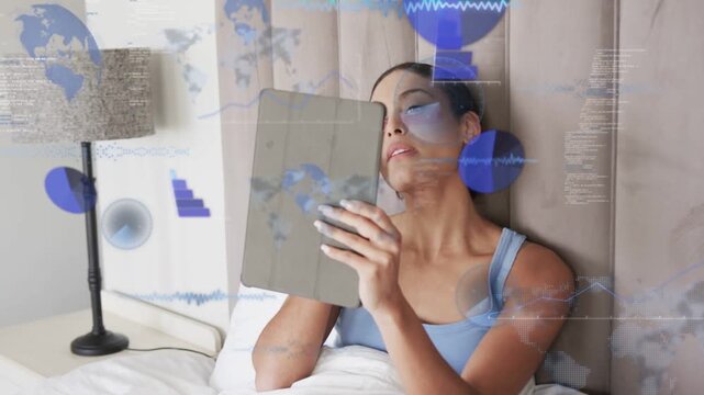 Woman holding tablet in bed, app launching HUD charts overlapping then easing, analyzing tech data