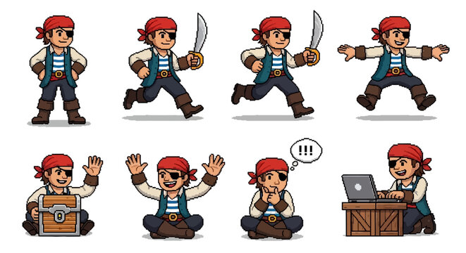 Pixel Art Pirate Character Set With Multiple Poses.