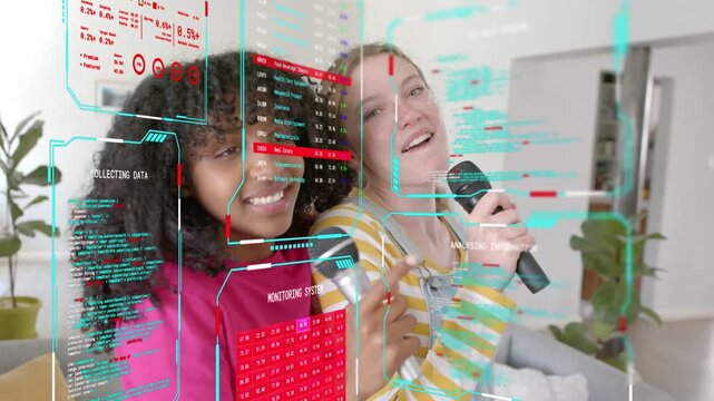 Teen girls grabbing mics, singing music duet in home, trading leads, HUD reacting, camera closing