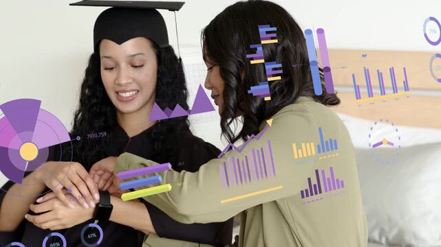 Friend handing box graduate checking phone companion fitting watch charts overlaying for graduation