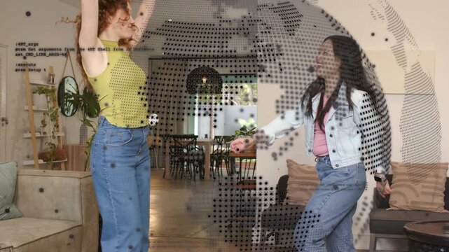 Left woman lifting arms, right woman mirroring, walking right under dotted globe overlay in home