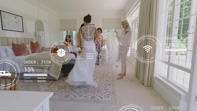 Bride walking from hall AR overlay appearing on bridal gown as phone filming, team finalizing fit