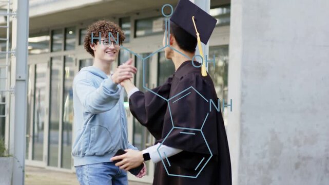 Friend approaching waving, blue overlaying torsos, graduate shaking then hugging celebrating degree