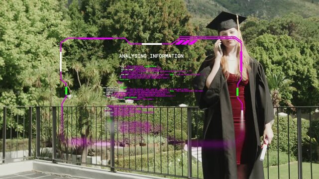 Woman graduate answering phone on terrace, celebrating education while HUD showing diploma gestures