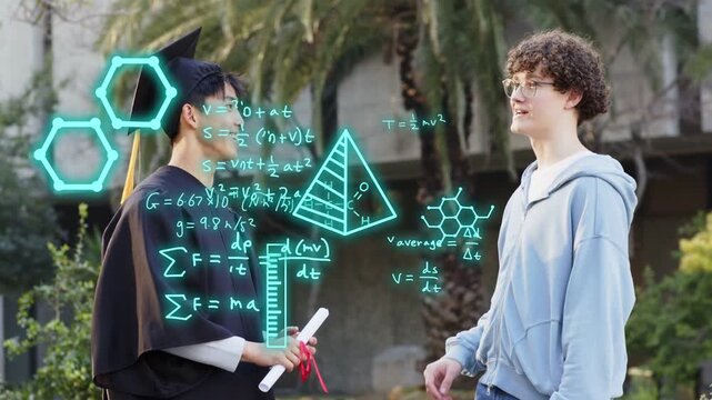Grad gesturing with diploma celebrating and sparking AR edu graphics overlaying math, DNA, graphs