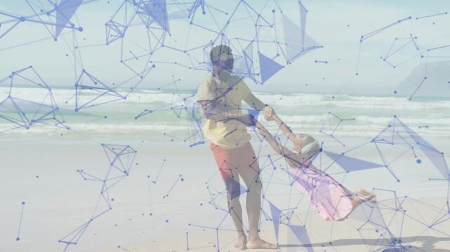 Dad holding hands swinging girl on sand, spinning toward sea playing blue mesh tech tracing motion