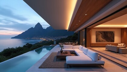 Obraz premium Modern luxury house with infinity pool overlooks ocean at dusk. City lights twinkle below misty mountain. Elegant interior design with comfortable white sofa and dining area.