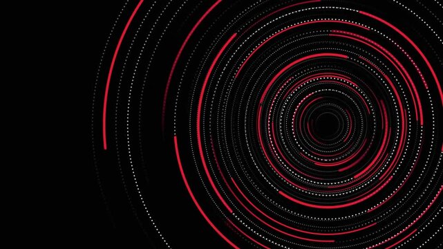 Red tech data circles with dotted lines spinning on a black background for abstract motion graphics.
