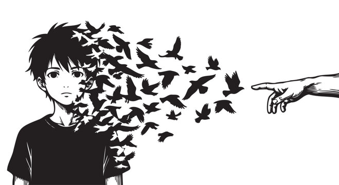 Black and white illustration, birds escaping from mind, mental freedom concept, vector artwork