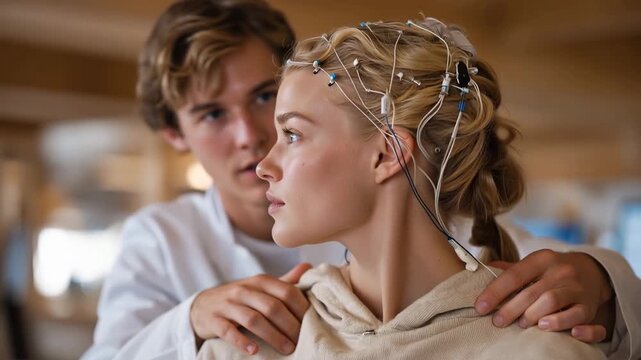 Sleep science clinical trial coordinator attaches EEG electrode set to volunteer participant's scalp in research lab, both focused and calm, warm overhead lighting, representing sl