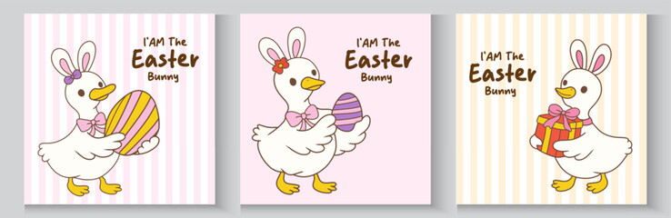 Happy Easter. Spring holiday greeting card collection. Cute pastel silly easter goose bunny ear seamless pattern cartoon cottage spring hand drawn style. © Sri drawing