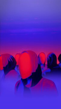 A group of faceless mannequins spinning on an endless loop in a stop motion style.
