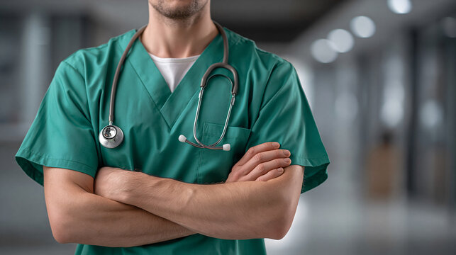 Medical Professional in Scrubs A healthcare professional, arms crossed, exudes confidence and expertise, ready to deliver care. A close-up shot of a focused individual in a medical environment