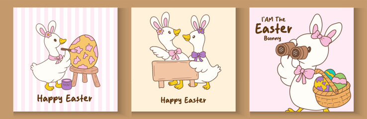 Happy Easter. Spring holiday greeting card collection. Cute pastel silly easter goose bunny ear seamless pattern cartoon cottage spring hand drawn style. © Sri drawing