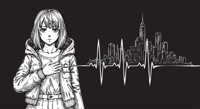 Goth Girl, Cityscape, Heartbeat Line, Vector Illustration, Black and White, Urban Style