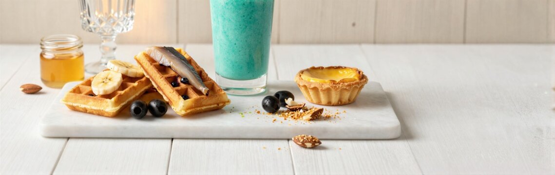Waffles topped with banana and syrup beside smoothie on board