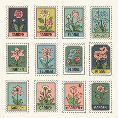 Collection of Twelve Vintage Floral Postage Stamps. © zulie