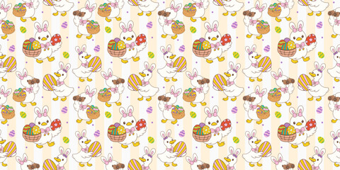 Happy Easter. Spring holiday greeting card collection. Cute pastel silly easter goose bunny ear seamless pattern cartoon cottage spring hand drawn style. © Sri drawing