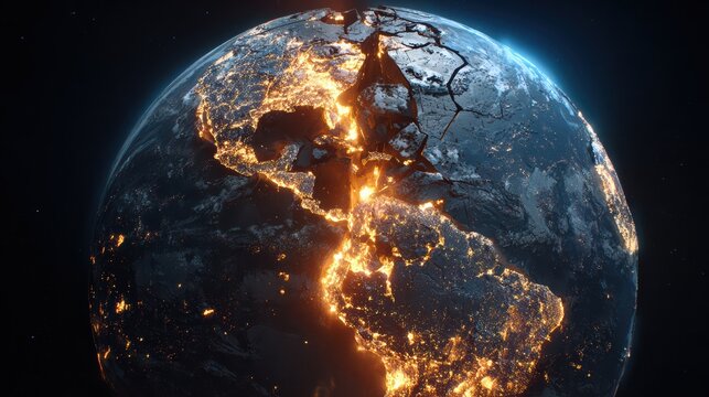 Planet Earth cracking open slowly, internal flames glowing through fractures, realistic apocalypse, 8K
