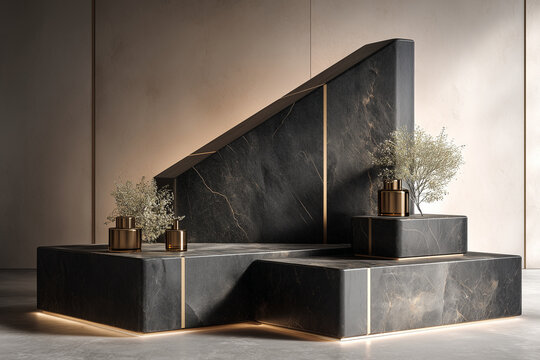 Angled Black Marble Podium with Subtle Gold Inlay Highlights