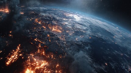 Fototapeta premium Planet Earth destruction scene, massive fissures with fire and smoke, dark space atmosphere, cinematic 8K realism 