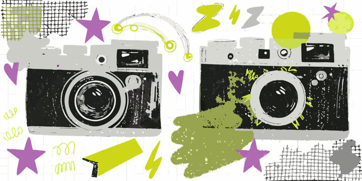Hand drawn illustration featuring vintage cameras and colorful abstract shapes