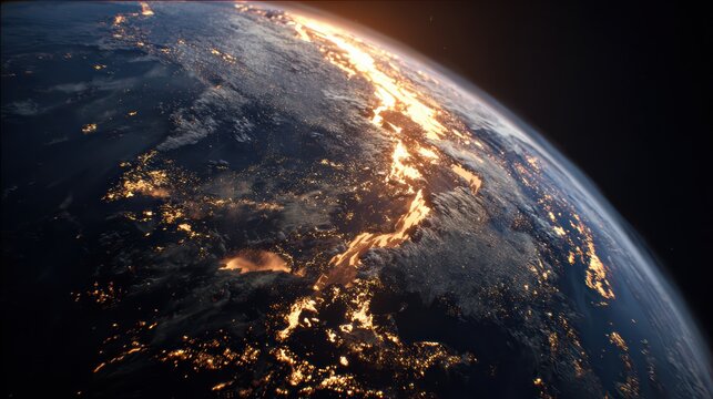 Planet Earth from orbit, surface breaking apart with fiery cracks, molten lava and flames visible, dark space background, realistic 8K 