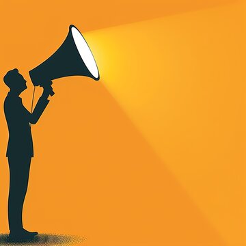 A person holding a megaphone and shining a light on an orange background