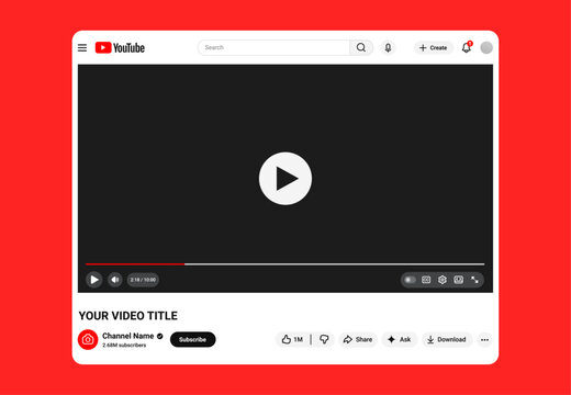 YouTube Video Player Interface UI Mockup Template with Subscribe Button, Channel Name, Like, Share, Comment, Download, Notification Bell Icon on Red Background Web App UI Design