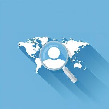 A magnifying glass with a person icon hovers over a world map