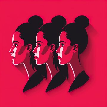 A vibrant illustration of three identical women in profile with red background