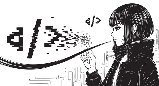 Black and white manga girl blowing code, programming concept, coding illustration, digital art