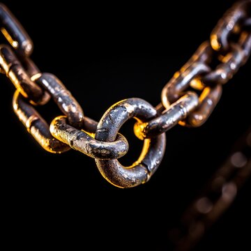 A close-up view of a rusty metal chain on a black background