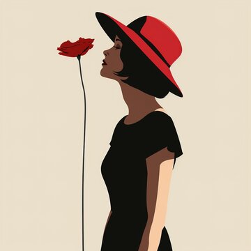 A woman in a red hat smelling a red flower on a beige background