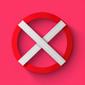 A red circle with a white road crossing through it on a pink background