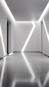 A sleek futuristic corridor featuring geometric lighting design with reflective surfaces and modern minimalist aesthetics for high-tech visual appeal.